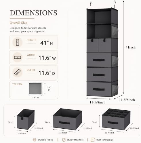 6-Shelf Hanging Closet Organizer with 5 Drawers, Gray - Black Handles - Image 5