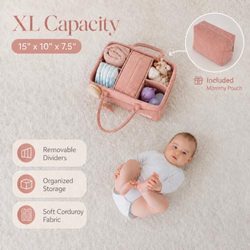 Baby Diaper Caddy Organizer with Matching Zipper Pouch, Soft Corduroy Diaper Storage Basket, Nursery Organizer with Removable Divider, Newborn Essentials, Baby Registry Must Have, Gift for Baby Shower - Image 3