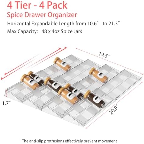 4-Tier Non-Slip Spice Drawer Organizer, 4-Pack Checkered Frosted Clear Acrylic, Expandable (11''-22'') Spice Rack for Kitchen Drawer Storage – Holds Seasonings, Herbs, and Spices (Jars Not Included) - Image 4
