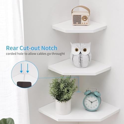 Corner Floating Shelves, White Corner Wall Shelf Set of 2, Solid Oak Wood Corner Shelves Wall Mount Shelf with Wire Hole Small Plant Display for Kitchen Living Room Bedroom - Image 3