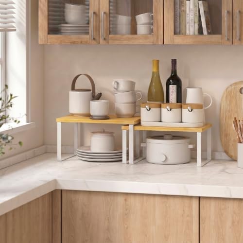 Kitchen Cabinet Organizer Shelf, Set of 4 Wood Kitchen Counter Shelves Riser with Metal Legs, Stackable Expandable Kitchen Storage Spice Rack, Can Cup Dish Organizer, Bamboo - Image 2