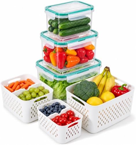 Thicker Produce Fruit Storage Containers for Fridge with Colander &Dividers by FANCILLA