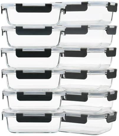 GULFLIN 12 Pack, 22 oz Glass Meal Prep Containers with Lids, Gray Set by GULFLIN