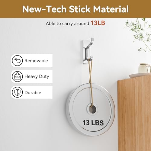Adhesive Wall Hooks for Towel/Coat,13Lb Stick-On Hook,Brushed Silver 4 Pack - Image 5
