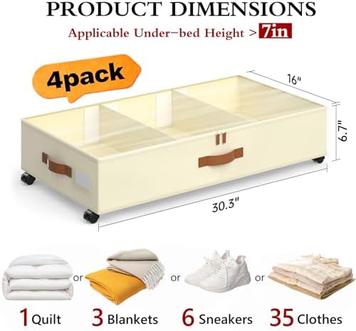 Yecaye Under Bed Storage with Wheels, 4 Pack Under Bed Storage Containers with Adjustable Dividers & Clear Window, Rolling Underbed Organizer Bins Drawers for Clothes, Shoes, Blankets, Beige - Image 2