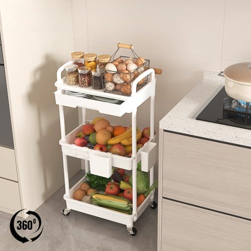 3 Tier Rolling Utility Cart with Drawer, Plastic Storage Organizer Rolling Carts with Wheels Handles Hanging Cups Hooks for Office, Bathroom, Kitchen,Craft Art Room (White) - Image 4