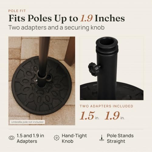 Backyard Expressions 20 lb Round Patio Umbrella Base – Heavy Duty Resin-Coated Calcium Carbonate Stand with Adjustable Pole Adapters Fits 1.5"–2" Poles, Weather-Resistant, Black Finish - Image 5
