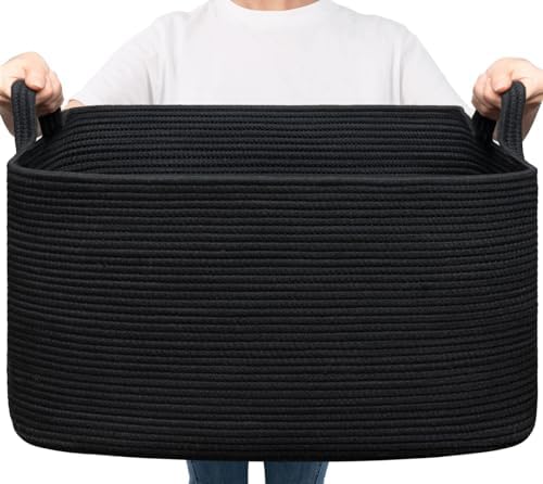 Goodpick Large Woven Rope Blanket Basket, Rectangle, Black, 75L by Goodpick