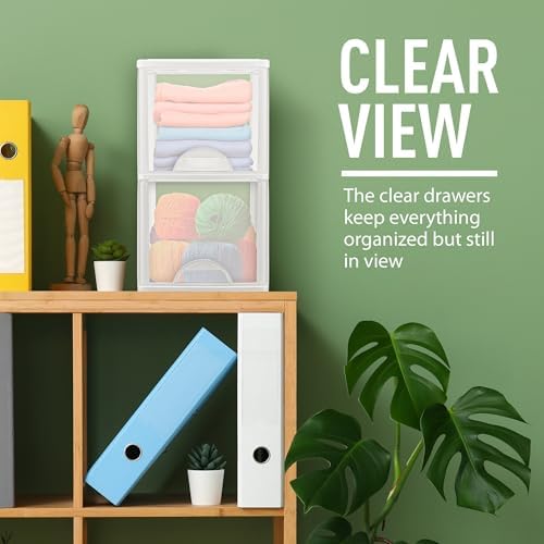 Plastic Small 2-Drawer Storage Organizer, Slim Narrow, White/Clear Crafts Drawers Storage Organizer (13"H x 10"D x 7"W) - Image 3