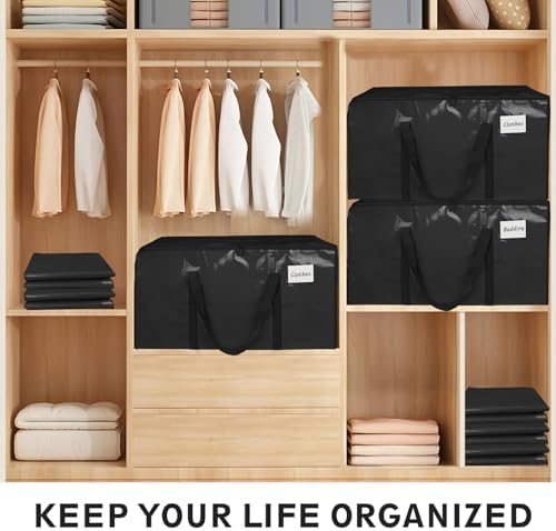 6 Pack-Extra Large Heavy Duty Moving Bags - Waterproof Storage Totes with Handles & Zippers, Foldable for College Dorm, Storage (Black) - Image 5