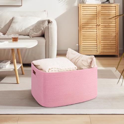 OIAHOMY 75L Large Blanket Basket Woven Storage Basket with Handle Pink - Image 3