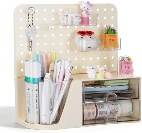 Comix Desk Organizer with 2 Drawer, Beige 360° Rotating Pen Holder for Desk by Comix