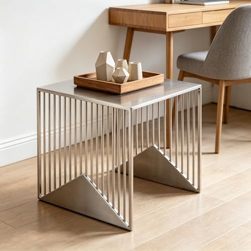 Stainless Steel Side Table - Geometric Vertical Slat Metal End Table, Modern Industrial Square Accent Table for Living Room, Bedroom, Small Spaces - Sturdy Nightstand, Easy to Clean - Image 6