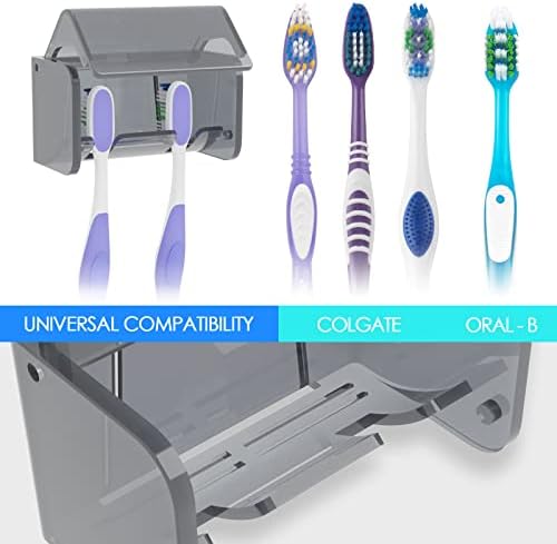 Toothbrush Holder Wall Mounted with Cover for Bathroom, 2 Slots Toothbrush Storage Organizer for Shower, Self Adhesive Toothbrush Hanger Rack for Dorm, Cabinet (Grey) - Image 6