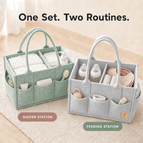 HIPHOP PANDA 2-Pack Diaper Caddy Organizer - Nursery Storage Bin & Car Organizer for Diapers, Wipes, and Baby Essentials - Dual-Color Solid Set (Grey/Green), Large Size - Image 2