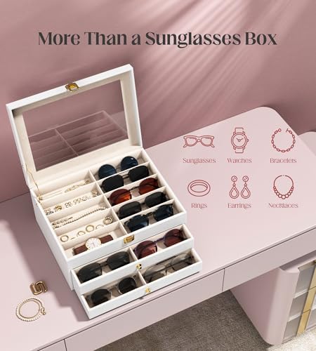 Sunglasses Organizer Storage Box - 30 Slots Eyeglass Display Case for Multiple Pair Glasses, 3-Layer Holder with Clear Glass Lid, Jewelry and Watch Collection Box for Women and Men, White - Image 2