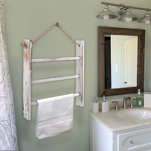 Rustic Wood Ladder Hand Towel Rack for Bathroom, Farmhouse Blanket Ladder for Living Room Hanging Decorative Rack for Blankets Whitewashed Towel Rack with Rope (Whitewashed) by DecorateYourRoomwithCuffUpFarmhouseHomeDecor