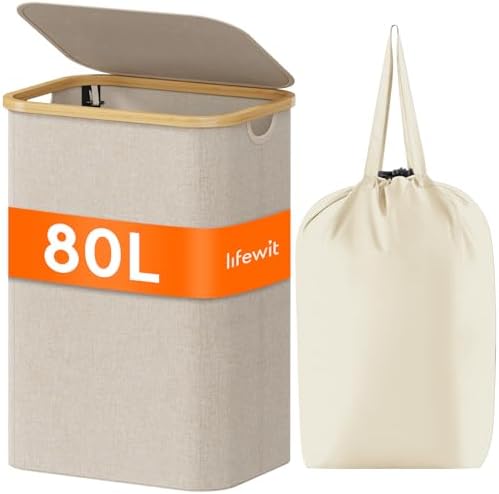 Lifewit 80L Large Laundry Basket with Lid, Removable Bags, Beige by Lifewit