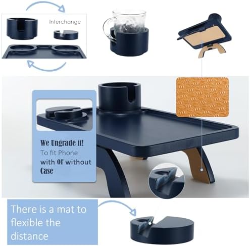 Nnewvante Couch Armrest Tray 3 in 1 Bamboo Clip-on Couch Table, Navy Blue, - Image 5