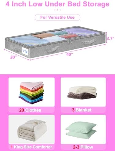 punemi 4 inch High Soft Low Profile Under Bed Storage Bins, 2 Pack, Grey - Image 5