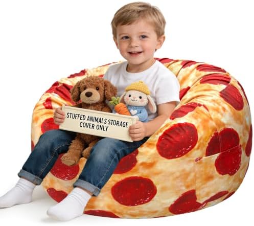 Lukeight Pizza Stuffed Animal Storage Bean Bag Chair Cover for Kids, Velvet Plush Toy Organizer Seat, Cover Only, No Filling Included, Long YKK Zipper, Side Pocket, Large 27"D x 16"H by Lukeight