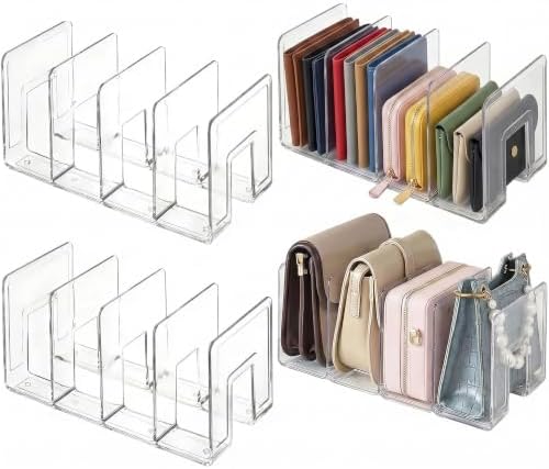 4 Pack Acrylic Purse Organizer for Closet, Clear Stackable Handbag Storage, Handbag Organizer with 4 Slots (3" Each), No Assembly, Non-Slip, for Small Wallets, Clutches & Files by Unknown
