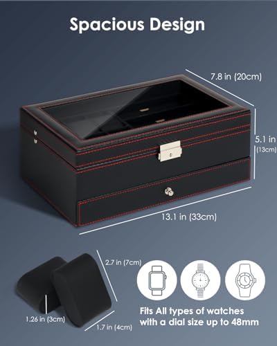 Kukikan Mens Jewelry Box Organizer, 6 Watch Slots & 3 Sunglasses -Black - Image 6