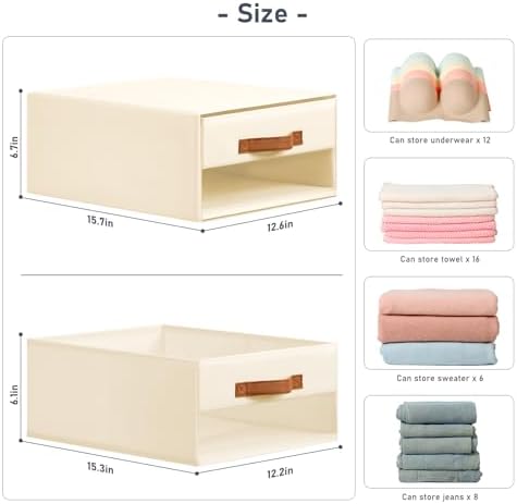 DIMJ Closet Organizers and Storage - Fabric Bins with Drawers for Closet Foldable Clothes Organizers with Clear Window, Stackable Storage Drawers for Bedroom, Living Room, 4-Pack, Beige - Image 3