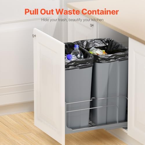 VEVOR Pull-Out Trash Can, 50 QT x2 Double Under Mount Kitchen Waste Container, Heavy Duty Garbage Recycling Bin with Door Kit and Soft Close Slide, for Kitchen Cabinet, Sink, Under Counter (Grey) - Image 2