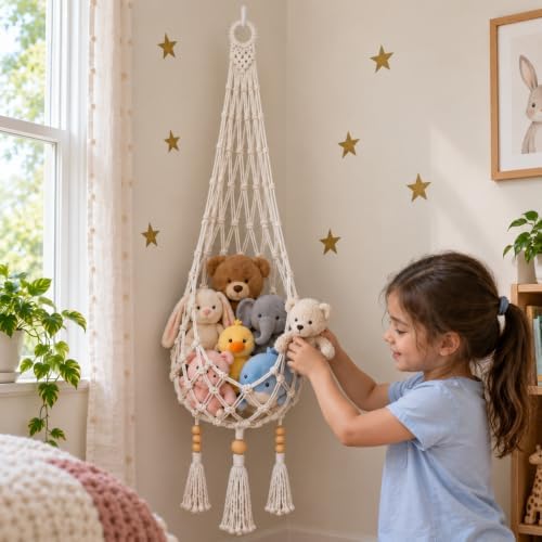 Stuffed Animal Hammock, 5 FT Boho Macrame Toy Storage Net with Wall & Adhesive Hooks, Cotton Plush Toy Organizer for Nursery, Kids Room, Playroom, Cream by Homdiva
