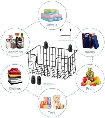 JUNCHU CHERRY Wire Storage Basket 2 Packs, Wall Mounted Kitchen Bathroom, Hanging Cabinet Door Storage Basket, no Drilling, Supporting 2 Types of Hooks, Strong Bearing, Suitable for Home, Black - Image 2