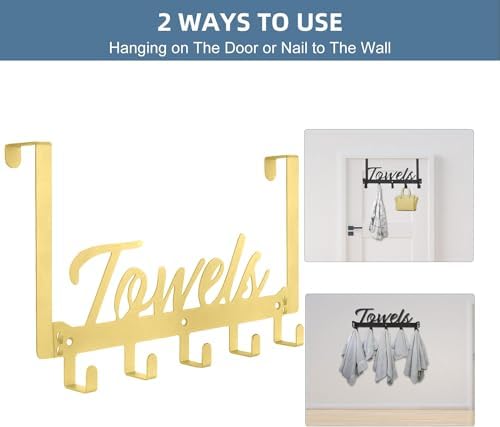 Azmoncy Over The Door Hooks - Heavy Duty Towel Rack with 5 Coat Hooks for Bedroom Kitchen, Gold Bathroom Decor - Image 4