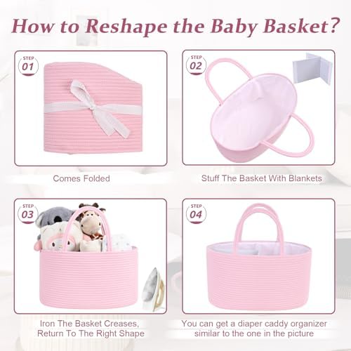 19L Baby Diaper Caddy Organizer, 16.8"x9.8"x9" Cotton Rope Diaper Basket, Changing Table Storage Caddy With Removable Divider, Baby Basket for Nursery, Car, Diapers, Baby Shower Gifts for Newborn - Image 7