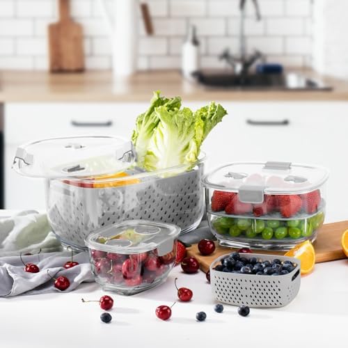 LUXEAR Fresh Produce Vegetable Fruit Storage Containers 3Piece Set, BPA-free Fridge Storage Container, Partitioned Salad Container, Fridge Organizers, Used in Storing Fruits Vegetables, Gray - Image 6