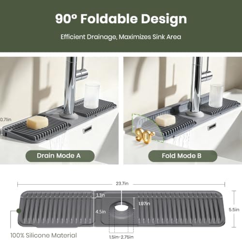 2PCS 24 Inch Faucet Mat for Kitchen Sink, Silicone Splash Guard for Kitchen Sink Area, 7° Slope Fast Self-Draining Sink Mat, Cuttable Hole Design, Sink Backsplash Guard Draining Mat, Dark Grey - Image 5