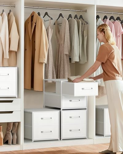 Homsorout Stackable Storage Drawers - 2 Tier Closet Organizer with Metal Handles and Metal Frame, Collapsible Fabric Bins Dresser for Bedroom, Dorm, Office, White, 1 Pack - Image 2