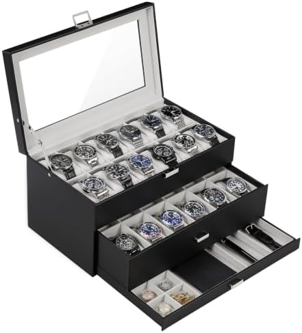ProCase 3-Layer Watch Box with Glass Lid for Men, 24-Slot, Black by ProCase