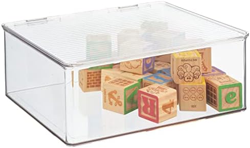 mDesign Plastic Stackable Rectangular Storage Bin, Drawer or Cabinet Organizer with Lid, Container Box for Organizing Electronics, Crayons, Puzzles, Games, Toys - Ligne Collection - 2 Pack - Clear - Image 5