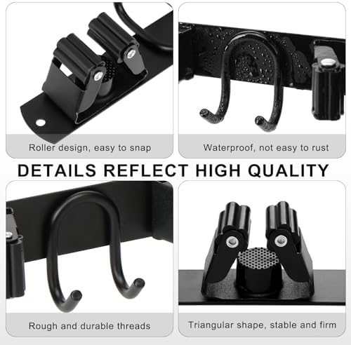 Broom Holder Wall Mount, Stainless Steel Mop Hanger with 4 Slots 6 Hooks, Tool Storage Wall Organizer for Kitchen Garden Garage Laundry Room Bathroom and RV, Black 1-Pack - Image 5