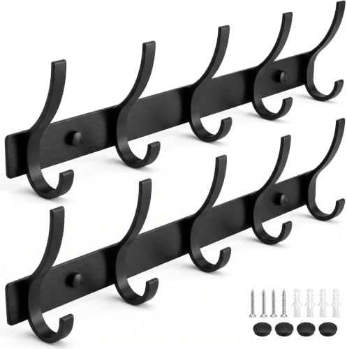 Coat Rack Wall Mounted,5 Coat Hooks for Hanging Coats,Heavy Duty Metal Double Hook Rack Hook Rail,Coat Rack with Hooks,Wall Mount Coat Hanger for Hat Towel Purse Robes (2 Pack Black, 5 Hooks) by ZGELIN