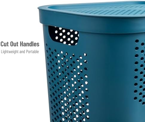 Mind Reader Slim Laundry Hamper with Lid, 60L Clothes Basket, Ventilated Plastic, Blue - Image 4