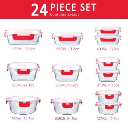 M MCIRCO 24 Piece Glass Food Storage Containers with Lids, Red - Image 2