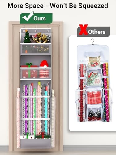 Over Door Wrapping Paper Organizer Hanging – Christmas Gift Wrap Storage for Ribbons, Bows, Ornament and Other Tools, Behind Door Long Craft Roll Holder Bag, Present Wrap Container, 1Pack, Gray - Image 2