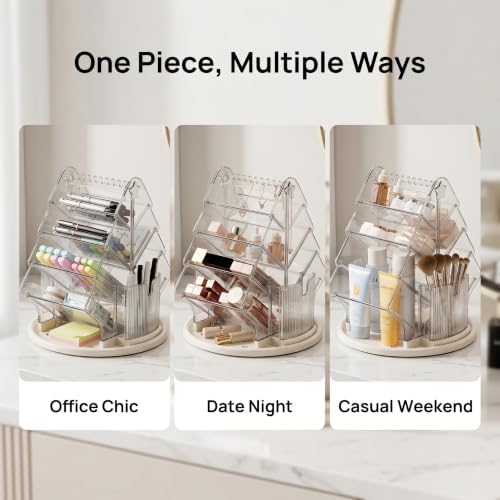 Rotating Makeup Organizer for Countertop, Large Clear Acrylic Cosmetic Caddy with Carry Handle & Necklace Hooks, 10 Tilted Compartments and 2 Brush Holders for Lipsticks, Skincare - Image 2