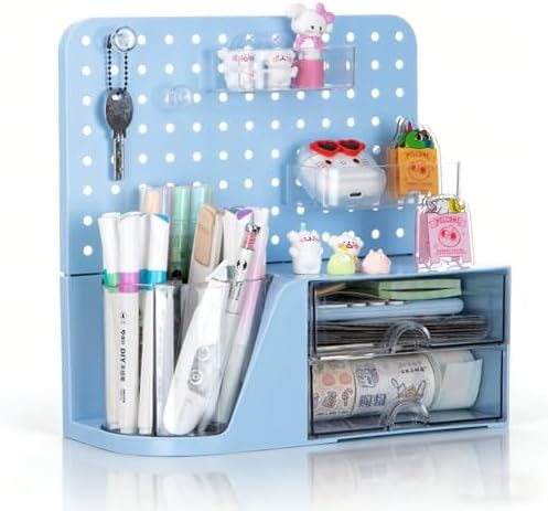 Comix Desk Organizer with 2 Drawer, Blue 360° Rotating Pen Holder for Desk by Comix