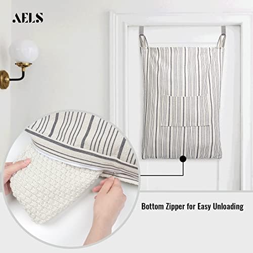 AELS Farmhouse Hanging Laundry Hamper with 2 Hooks, Washable Beige & Stripes Laundry Bag with Zipper & Wide Open Top, Over the Door Organizer for Dirty Clothes, Space Saving Storage - Image 2