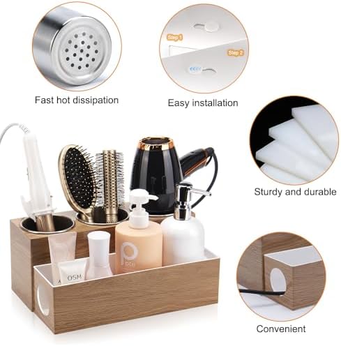GFWARE Hot Hair Styling Tool Organizer with 3 Stainless Steel Cups, Wood - Image 6