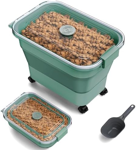 Dog Food Storage Container, 15-23 Lbs Collapsible Dog Food Container with Transparent Airtight Lid, Wheels and Scoop, Travel Pet Food Storage Container for Cat, Dog and Bird, Keep Dry Food Fresh by Viretec
