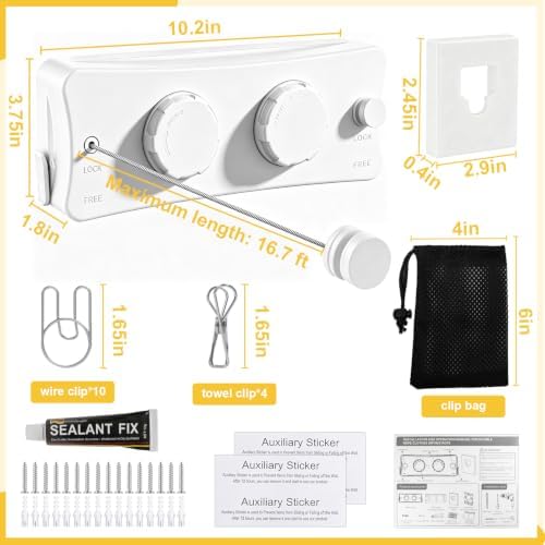 Retractable Clothesline Indoor & Outdoor, 16.7 Ft Non-Sagging Double Clothes Line, Retracting Heavy Duty Clothes Drying Laundry Line, Wall Mounted Stainless Steel Line (White, Dual Line) - Image 5