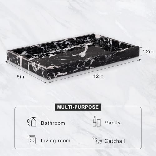 Marble Bathroom Tray for Countertop & Home Decor, Natural Decorative Marble Tray for Jewelry & Perfume Organizer, Luxury Stone Vanity Trays for Dresser, Kitchen Counter, 12" x 8", Black - Image 3